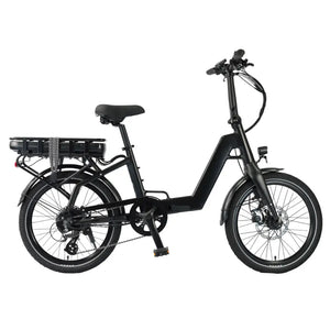 Full side view of the black Wisper Tailwind 806 folding electric bicycle with rear rack and battery.