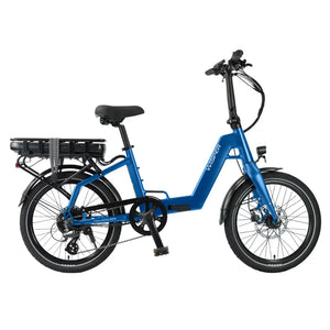 Full side view of the blue Wisper Tailwind 806 folding electric bicycle with rear rack and battery.