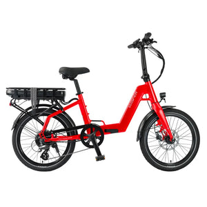 Full side view of the red Wisper Tailwind 806 folding electric bicycle with rear rack and battery.