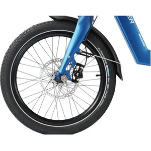 Close-up of the front wheel and disc brake on the Wisper Tailwind 806 Encore Folding E-Bike in blue, featuring Schwalbe tyres and mudguard