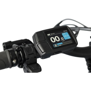 Close-up of the Wisper Tailwind 806 Encore folding e-bike's handlebar-mounted LCD display showing speed, trip distance, power level, and battery status