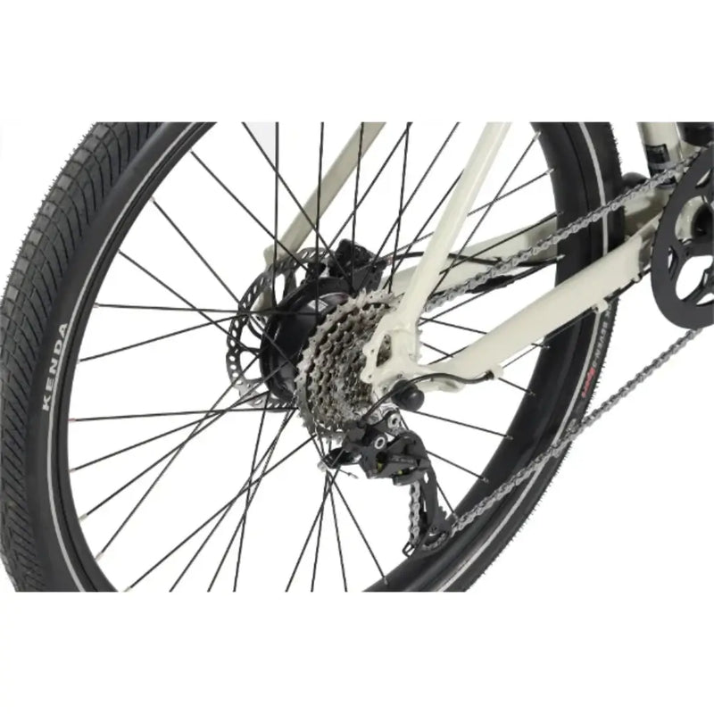 Close-up view of the Wisper Tailwind City electric bike rear wheel with motor, cassette and derailleur gearing system