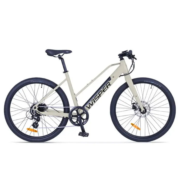Side view of Wisper Tailwind City Crossbar Low Step E-Bike 250W in white