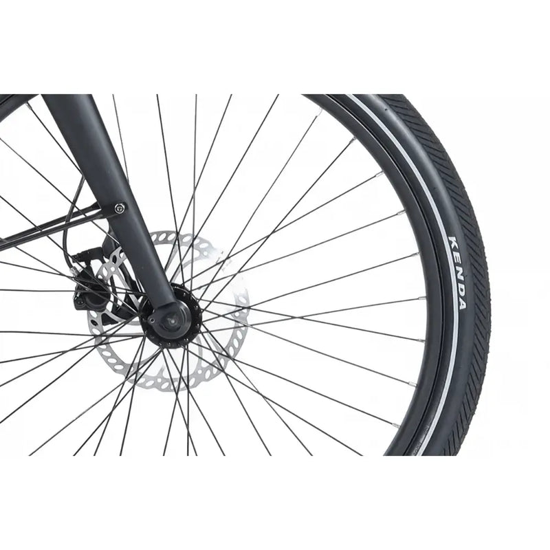 Close-up of the front wheel with disc brake and Kenda tyre on the Wisper Tailwind Comfort Crossbar Electric Bike 250W, emphasising braking performance and road-ready tread.