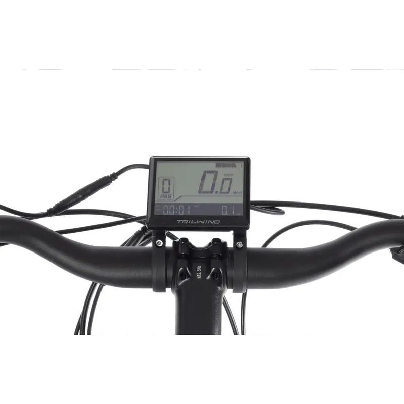Handlebar-mounted LCD display on the Wisper Tailwind Comfort Crossbar Electric Bike 250W showing speed, trip distance and pedal-assist level.