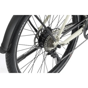 Close-up of the rear hub motor, gear cassette and derailleur on the Wisper Tailwind Comfort Crossbar Electric Bike 250W, highlighting the drivetrain and disc brake.