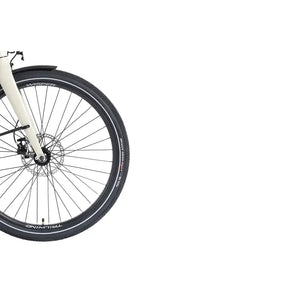 Close-up of the front wheel and disc brake on the Wisper Tailwind Comfort Crossbar Electric Bike 250W, highlighting the fork, tyre tread, and braking system.
