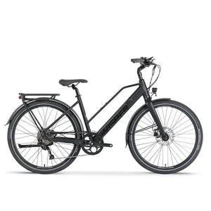 Side view of the Wisper Tailwind Comfort Crossbar Electric Bike 250W in black, showcasing a comfortable upright riding position, front suspension fork, and rear pannier rack