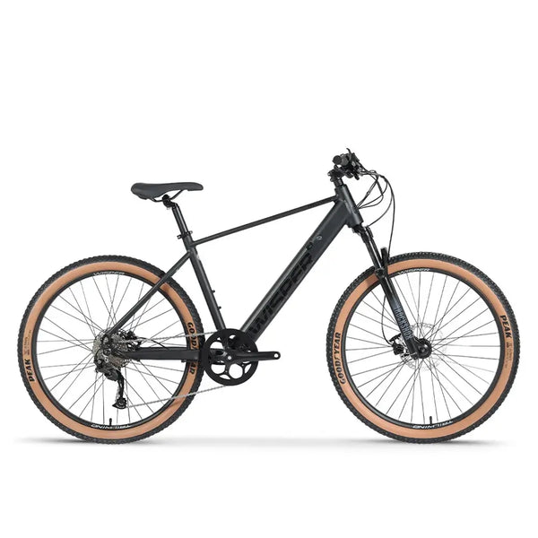Side view of Wisper Tailwind Trail Crossbar electric bike in black with 250W motor