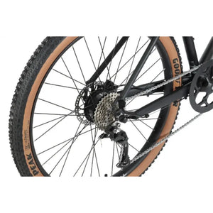 Rear wheel close-up of Wisper Tailwind Trail electric bike with hub motor, gears, and disc brake