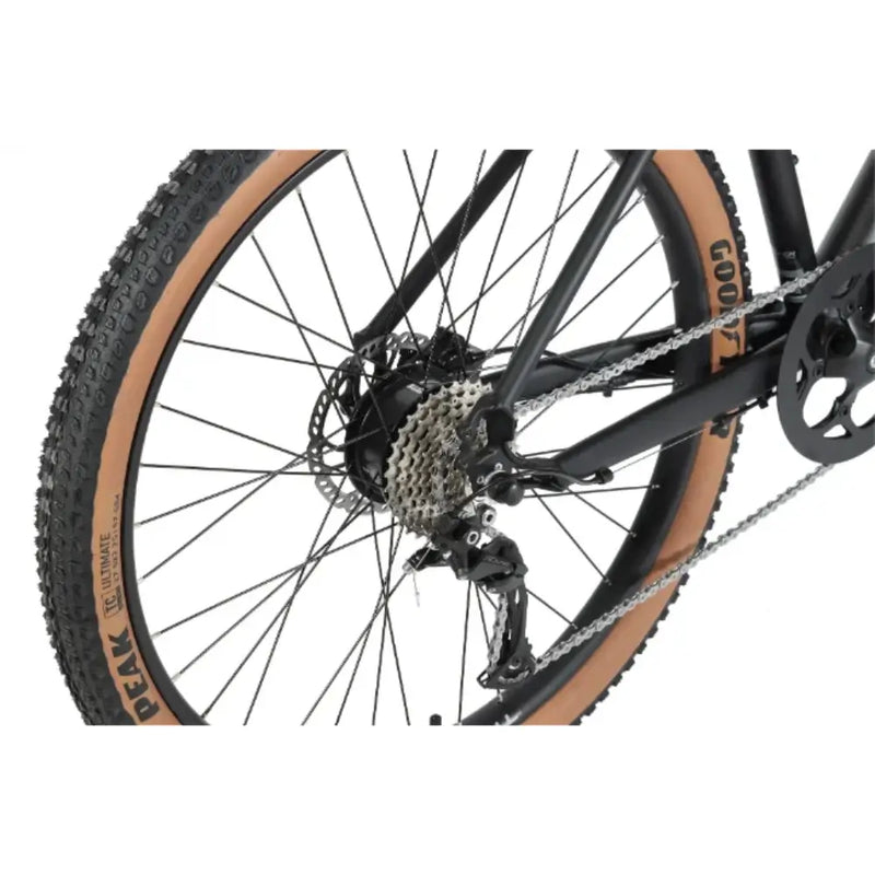 Rear wheel close-up of Wisper Tailwind Trail electric bike with hub motor, gears, and disc brake