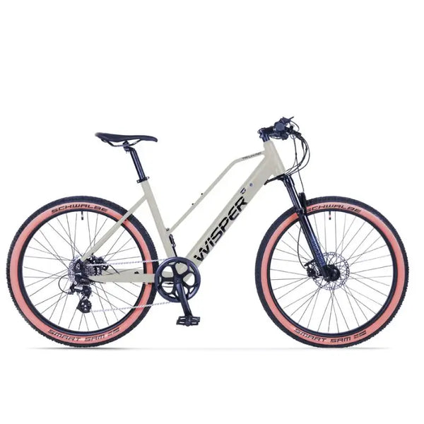 Side view of Wisper Tailwind Trail Crossbar in stone finish electric bike with 250W motor and low step
