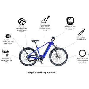 Blue wisper wayfarer city hub-drive e-bike with labelled components including lcd display, integrated battery, rear hub motor, suspension fork, disc brakes and shimano drivetrain