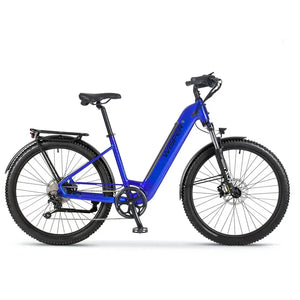 Side view of the Wisper Wayfarer H7 Hub Drive Step Through Electric Bike 250W in blue adventure performance pack, featuring rugged tyres, front suspension fork, integrated battery, and step-through frame designed for off-road trails and mixed terrain