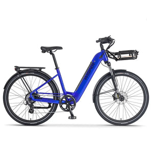 Side view of the Wisper Wayfarer H7 Hub Drive Step Through Electric Bike 250W in blue, shown with a mounted front rack, step-through frame, and suspension fork for everyday commuting.