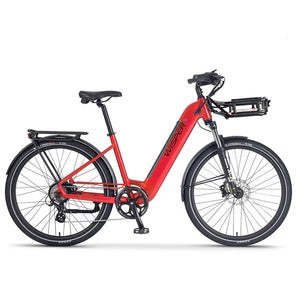 Side view of the Wisper Wayfarer H7 Hub Drive Step Through Electric Bike 250W in red, shown with a mounted front rack, step-through frame, and suspension fork for everyday commuting.