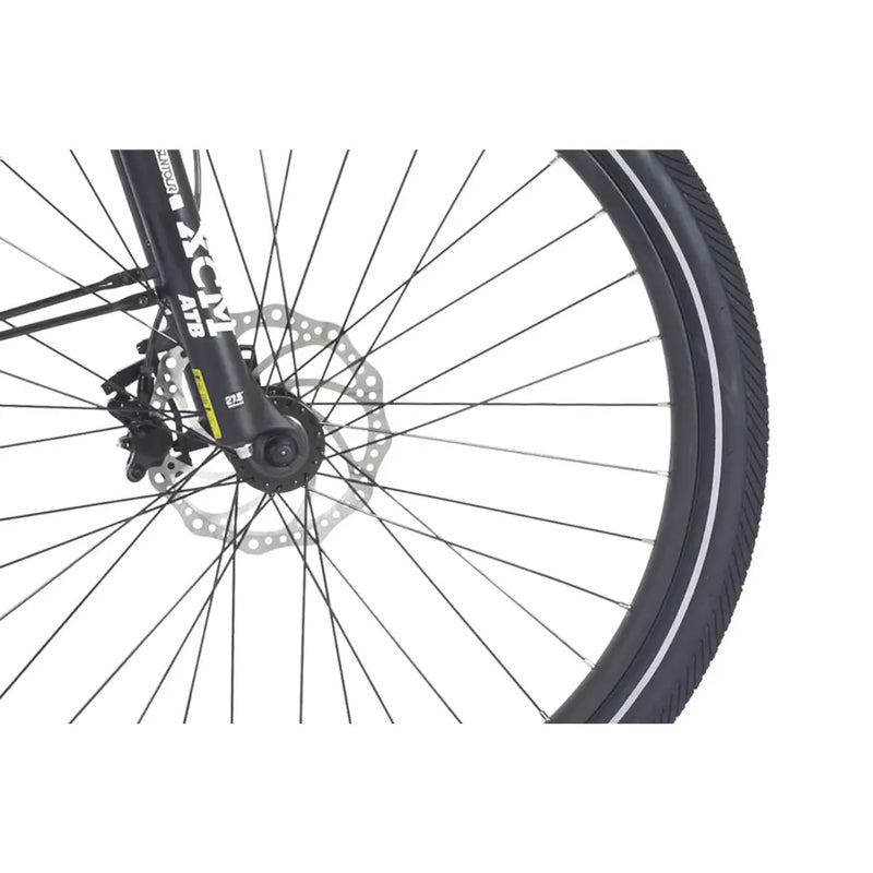 Close-up of the front disc brake, tyre, and Suntour suspension fork on the Wisper Wayfarer H7 Hub Drive Step Through Electric Bike 250W, highlighting braking performance and road-ready tread.