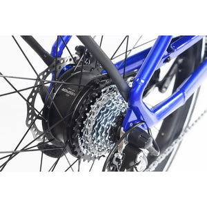Close-up of the rear hub motor, cassette, and derailleur on the Wisper Wayfarer H7 Hub Drive Step Through Electric Bike 250W, showing the Megadrive gear system and disc brake.