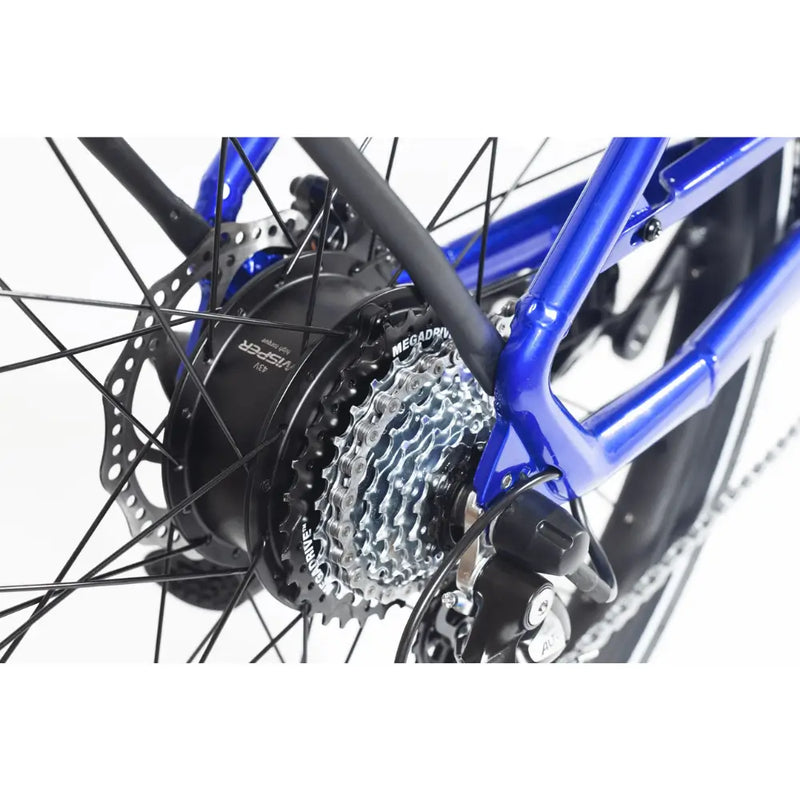 Close-up of the rear hub motor, cassette, and derailleur on the Wisper Wayfarer H7 Hub Drive Step Through Electric Bike 250W, showing the Megadrive gear system and disc brake.