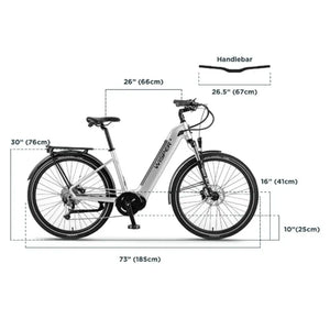 Bike diagram for the Wisper Wayfarer H7 Hub Drive Step Through Electric Bike 250W, displaying frame size, wheelbase, handlebar width, and height dimensions.