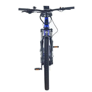 Front view of Wisper Wayfarer H9 hub-drive electric bike in blue with front suspension fork and wide handlebars