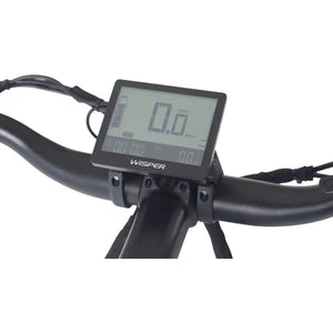 Close-up view of the Wisper Wayfarer H9's LCD display mounted on the handlebars, showing speed and assist level