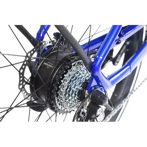 Close-up of the rear hub-drive motor and multi-speed cassette of the Wisper Wayfarer H9 in metallic blue finish
