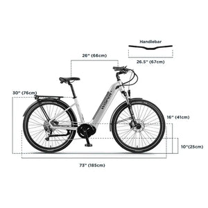 Wisper Wayfarer M7 Mid-Drive Step-Through E-Bike in silver showing full side profile with labelled frame, handlebar, and wheel measurements