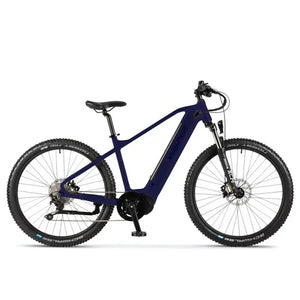 Side view of the Wisper Wayfarer M9 Mid-Drive electric bike in blue with a crossbar frame and rugged tyres, designed for off-road trail use.