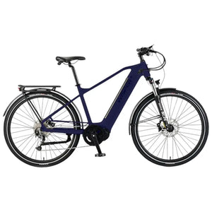 Side view of the Wisper Wayfarer M9 Mid-Drive electric bike in blue with a crossbar frame and tyres, designed for city use