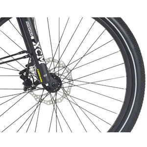 Detailed shot of the front suspension fork and disc brake system on the Wisper Wayfarer M9 Crossbar E-Bike