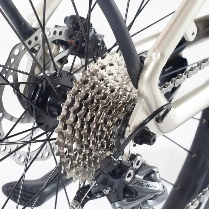Close-up of the rear gear cassette and Shimano derailleur on the Wisper Wayfarer M9 Mid-Drive Crossbar E-Bike