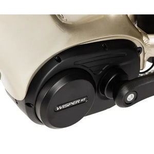 Close-up view of the mid-drive motor on the Wisper Wayfarer M9 Crossbar E-Bike, showing the Wisper HT branding