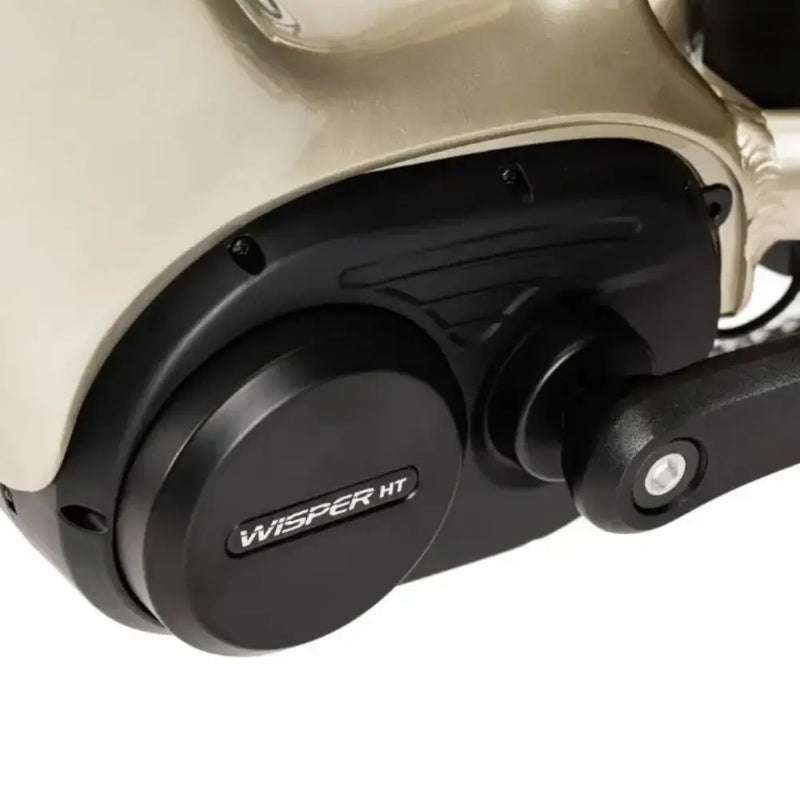 Close-up view of the mid-drive motor on the Wisper Wayfarer M9 Crossbar E-Bike, showing the Wisper HT branding