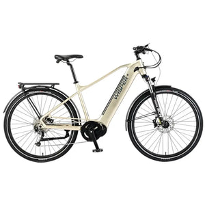 Side view of the Wisper Wayfarer M9 Mid-Drive electric bike in silver with a crossbar frame and tyres, designed for city use