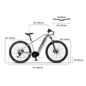 Technical diagram of the Wisper Wayfarer M9 Mid-Drive electric bike in silver, displaying full frame and component dimensions in inches and centimetres.