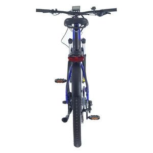 Rear view of Wisper Wayfarer H9 hub-drive electric bike in blue showing saddle, mudguard, and rear motor hub