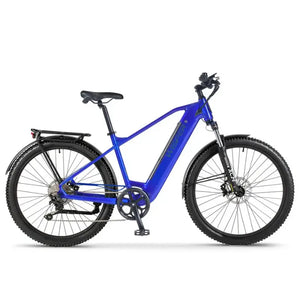 Wisper Wayfarer H9 blue hub-drive adventure electric bike with crossbar frame and suspension fork side view