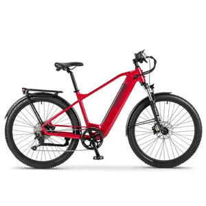 Wisper Wayfarer H9 red hub-drive adventure electric bike with crossbar frame and suspension fork side view