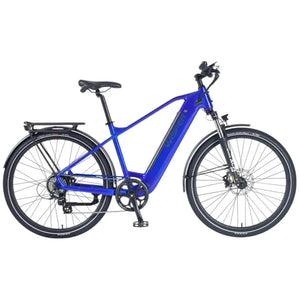 Wisper Wayfarer H9 blue hub-drive city electric bike with crossbar frame and suspension fork side view
