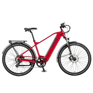Wisper Wayfarer H9 red hub-drive city electric bike with crossbar frame and suspension fork side view