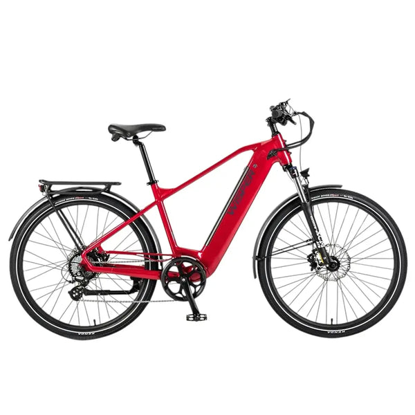 Wisper Wayfarer H9 red hub-drive city electric bike with crossbar frame and suspension fork side view