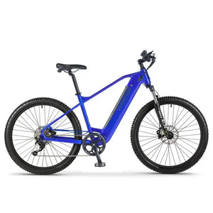 Wisper Wayfarer H9 blue hub-drive trail electric bike with crossbar frame and suspension fork side view