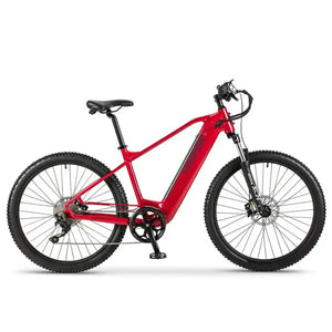 Wisper Wayfarer H9 red hub-drive trail electric bike with crossbar frame and suspension fork side view