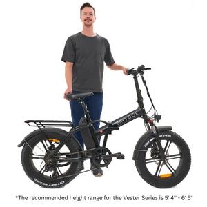 Hygge Vester folding electric bike with rider, showing recommended height range for comfortable fit and usability.
